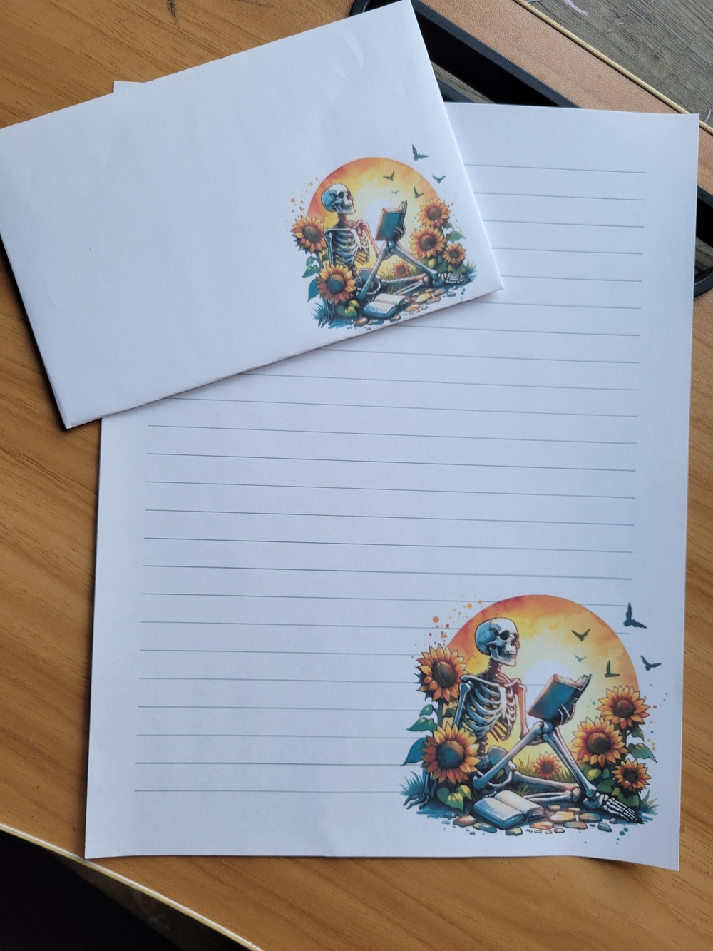 💀NEW💀Hand Crafted 24pc White Stationery Set with Orange Sunflower Skeleton Art